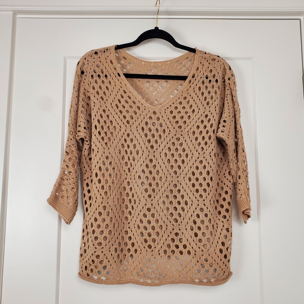 Open Knit  Crochet Sweater Women Size L Tan V-Neck Pullover